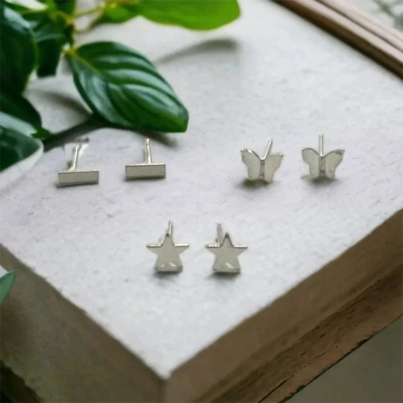 Silver Bohemian Mini Bar & Butterfly & Star Stud Earrings - Picture 8 of 12